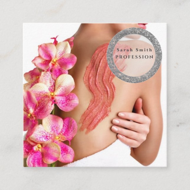 Woman skin body cosmetic scrub square business card (Front)