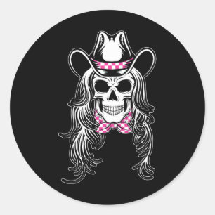 Woman skull graphic Halloween cowgirl pink chequer Classic Round Sticker