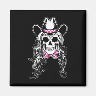 Woman skull graphic Halloween cowgirl pink chequer Magnet