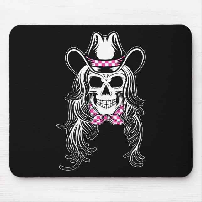 Woman skull graphic Halloween cowgirl pink chequer Mouse Mat (Front)