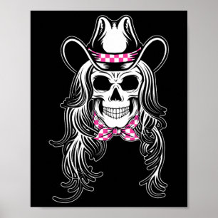 Woman skull graphic Halloween cowgirl pink chequer Poster