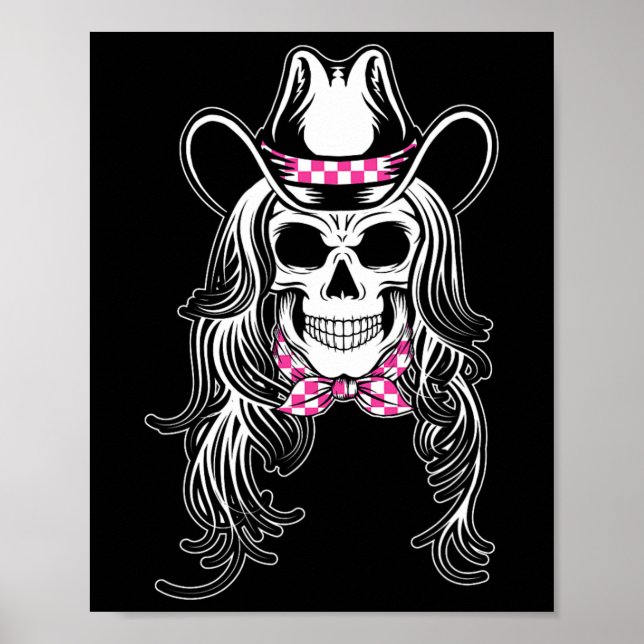 Woman skull graphic Halloween cowgirl pink chequer Poster (Front)