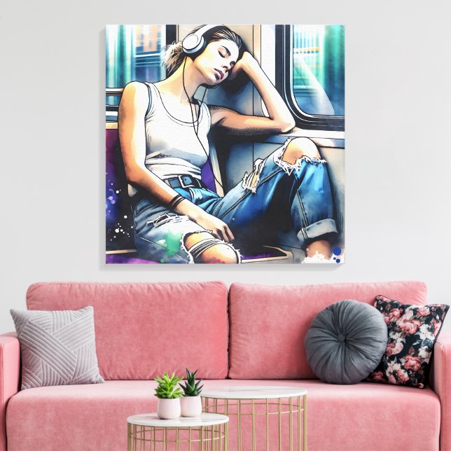 Woman Sleeping on the Subway Listening to Music Canvas Print (Insitu(LivingRoom))