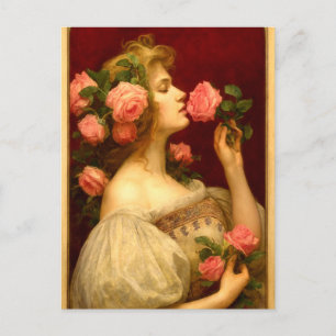 Woman Smelling A Rose Retro Victorian Era Postcard