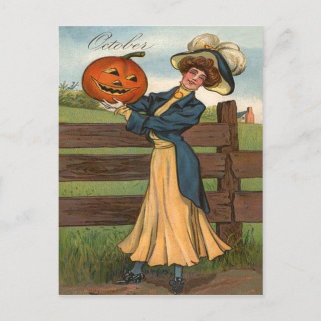 Woman Smiling Jack O' Lantern Pumpkin Farm Postcard (Front)