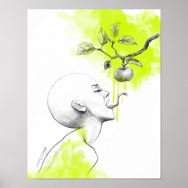 Woman Snake tongue Apple Green splash Surreal art Poster (Front)