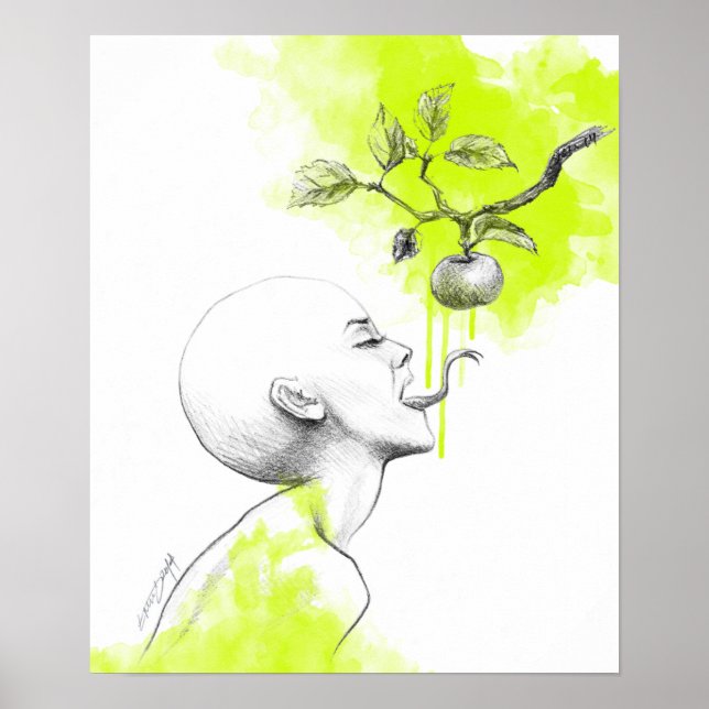 Woman Snake tongue Apple Green splash Surreal art Poster (Front)