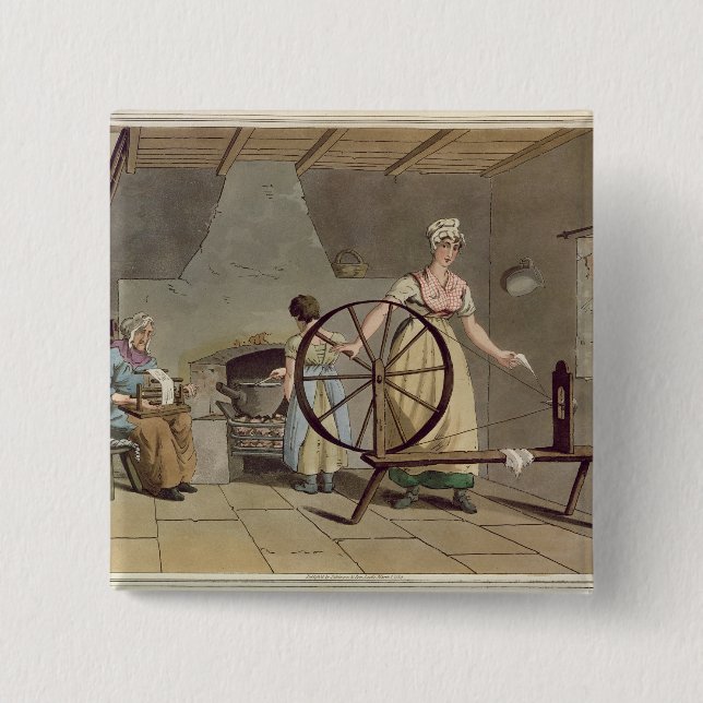 Woman Spinning, from 'Costume of Yorkshire' 15 Cm Square Badge (Front)