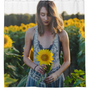 Woman standing at sunflower field shower curtain