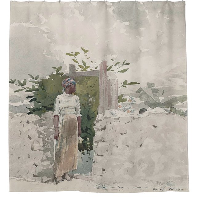 Woman Standing by a Gate, Bahamas Shower Curtain (Front)