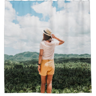 Woman standing near trees shower curtain