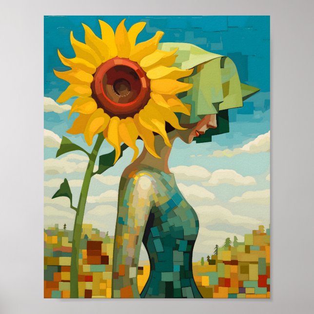 Woman Standing Next To A Large Sunflower  Poster (Front)