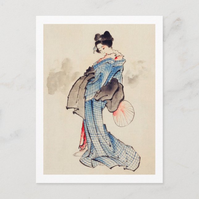 Woman Stands with a Fan, Hokusai Postcard (Front)