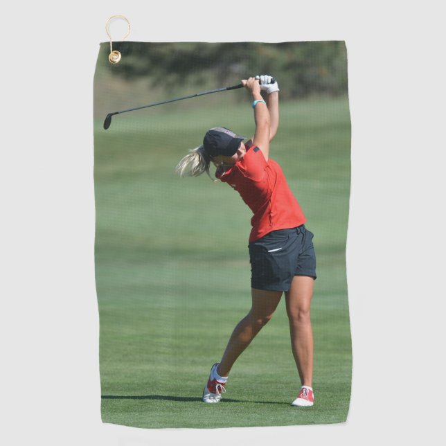 Woman swinging a Golf field Golf Towels (Front)
