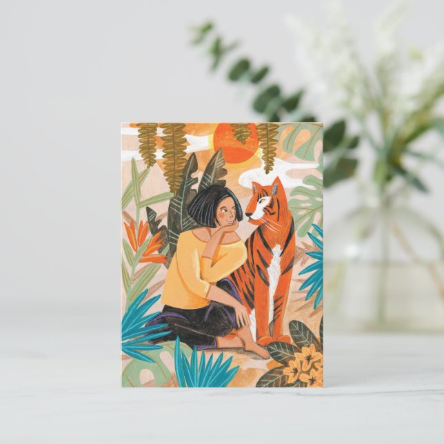 Woman & tiger jungle sunset holiday postcard (Standing Front)