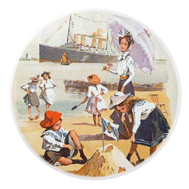 Woman ~ Umbrella ~ Children ~ Hamburg-Amerika Line Ceramic Knob (Front)