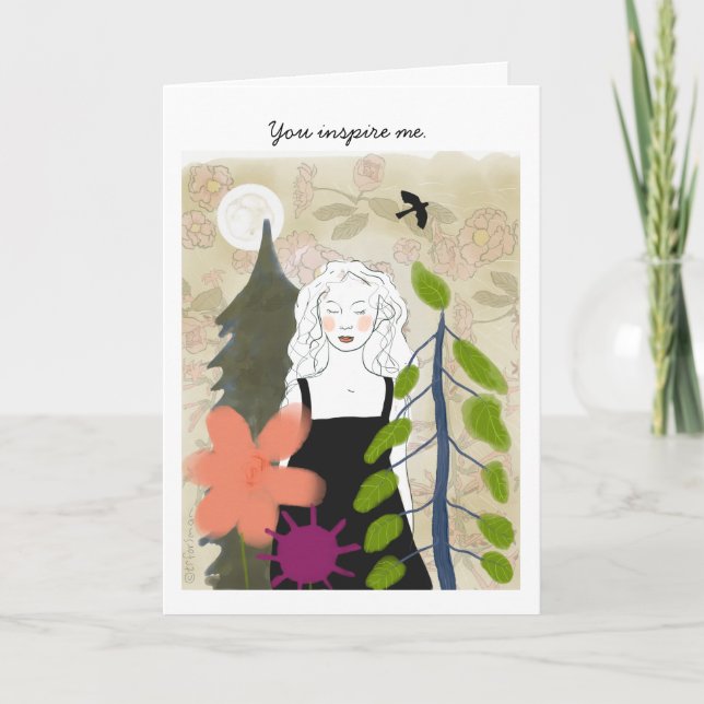 Woman under Moon with bird painting Card (Front)