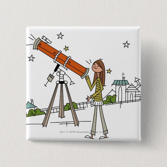 Woman using an astronomy telescope 15 cm square badge (Front)