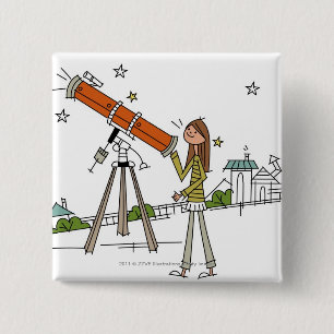 Woman using an astronomy telescope 15 cm square badge