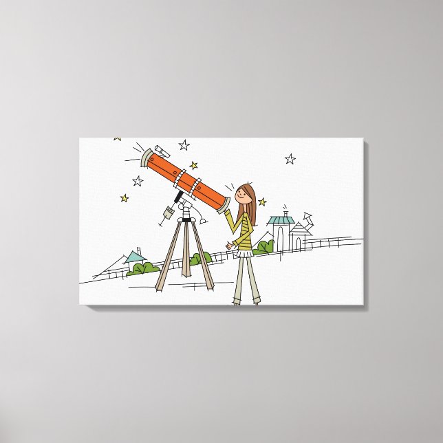 Woman using an astronomy telescope canvas print (Front)