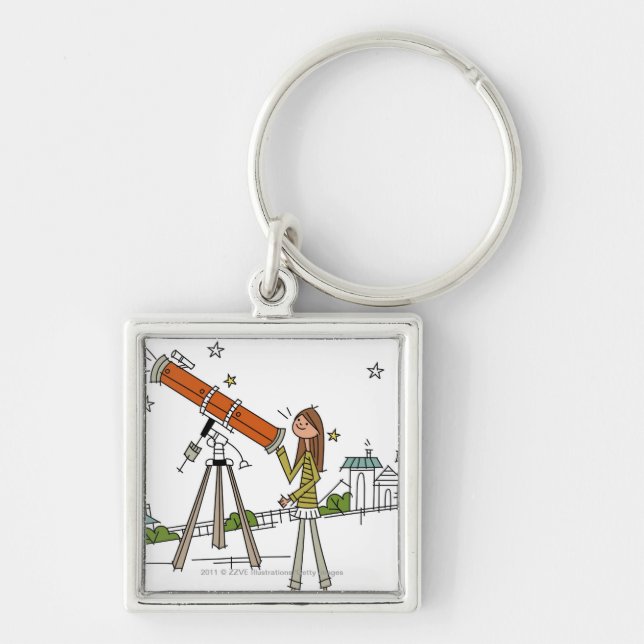 Woman using an astronomy telescope key ring (Front)