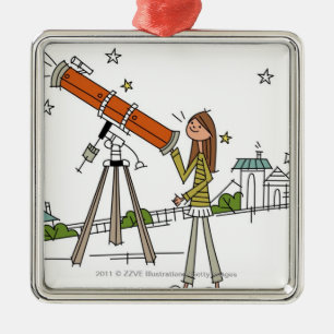Woman using an astronomy telescope metal tree decoration