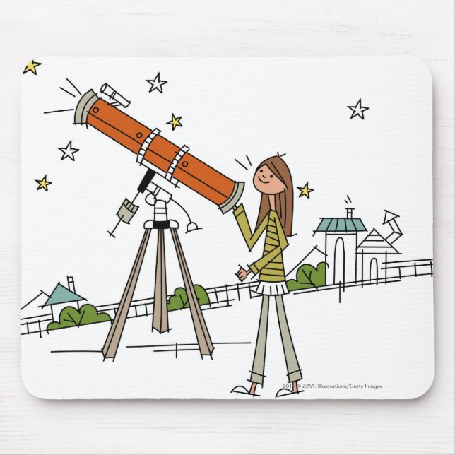 Woman using an astronomy telescope mouse mat (Front)