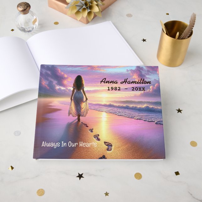 Woman Walking A Sunset Beach  Guest Book (Front Open)