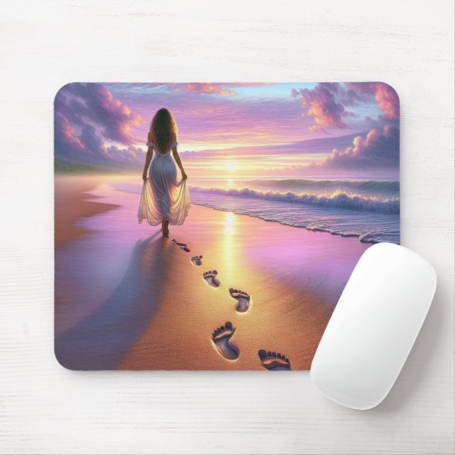 Woman Walking A Sunset Beach  Mouse Mat (With Mouse)