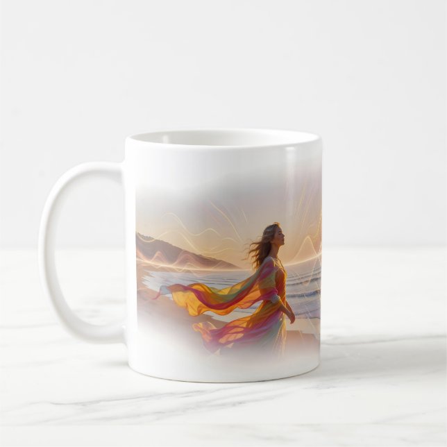 Woman Walking Beach Glowing Wave Energy Mug (Left)