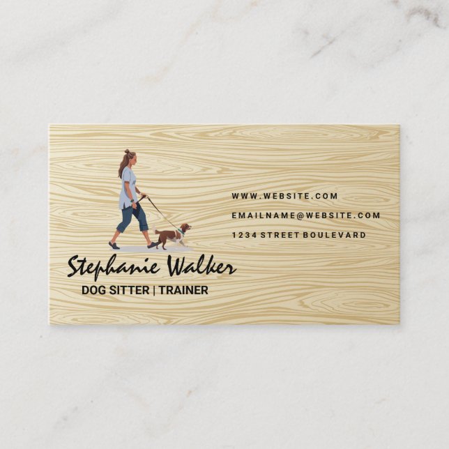 Woman Walking Dog | Wood Grain Business Card (Front)