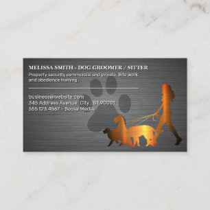 Woman Walking Dogs   Paw   Metallic Texture Business Card