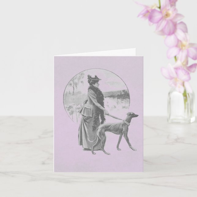 Woman walking greyhound dog vintage card (Orchid)