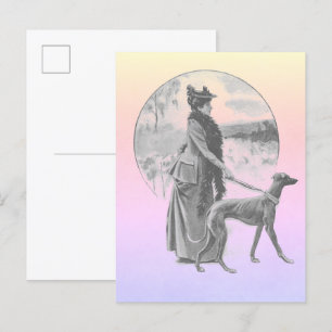 Woman walking greyhound dog vintage postcard