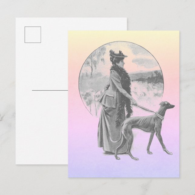 Woman walking greyhound dog vintage postcard (Front/Back)