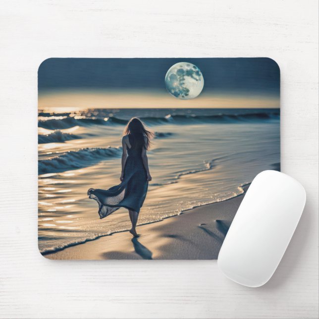 Woman Walking Night Beach Mouse Mat (With Mouse)