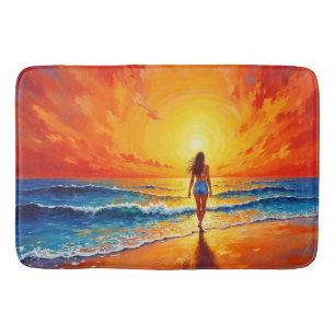 Woman walking ocean beach warm sunset bath mat