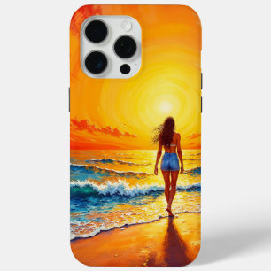 Woman walking ocean beach warm sunset iPhone 15 pro max case