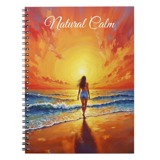 Woman walking ocean beach warm sunset notebook (Front)