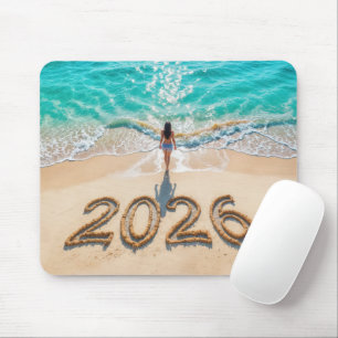 Woman Walking On a New Year 2026 Beach Mouse Mat