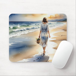 Woman Walking the Beach With a Flower Basket Mouse Mat