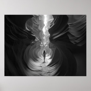 Woman walking through a canyon gulch B&W photo Poster