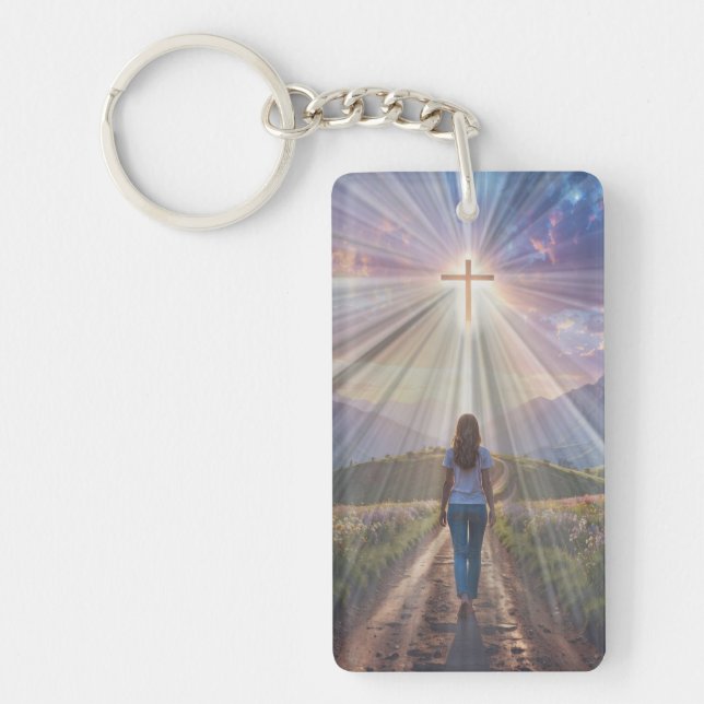 Woman Walking Toward Glowing Cross – Faith Journey Key Ring (Front)