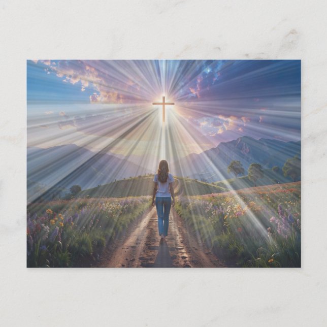 Woman Walking Toward Glowing Cross – Faith Journey Postcard (Front)