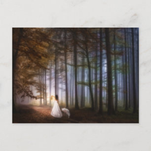 Woman Walking With a Wolf Through a Magic Forest Postcard