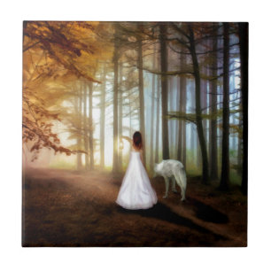 Woman Walking With a Wolf Tile