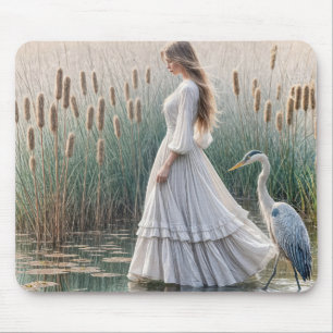 Woman Walking With Blue Heron Mouse Mat
