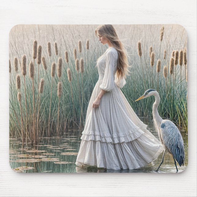 Woman Walking With Blue Heron Mouse Mat (Front)