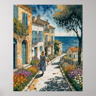 Woman walks in a French coastal village Poster