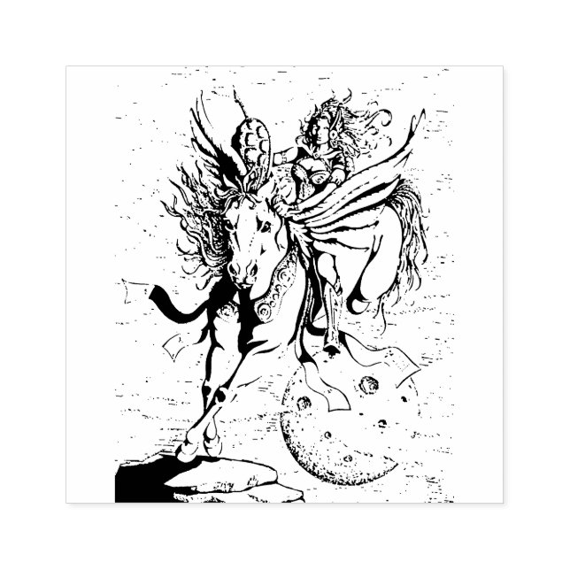 WOMAN WARRIOR, FLYING HORSE PEGASUS FANTASY HERO  RUBBER STAMP (Imprint)